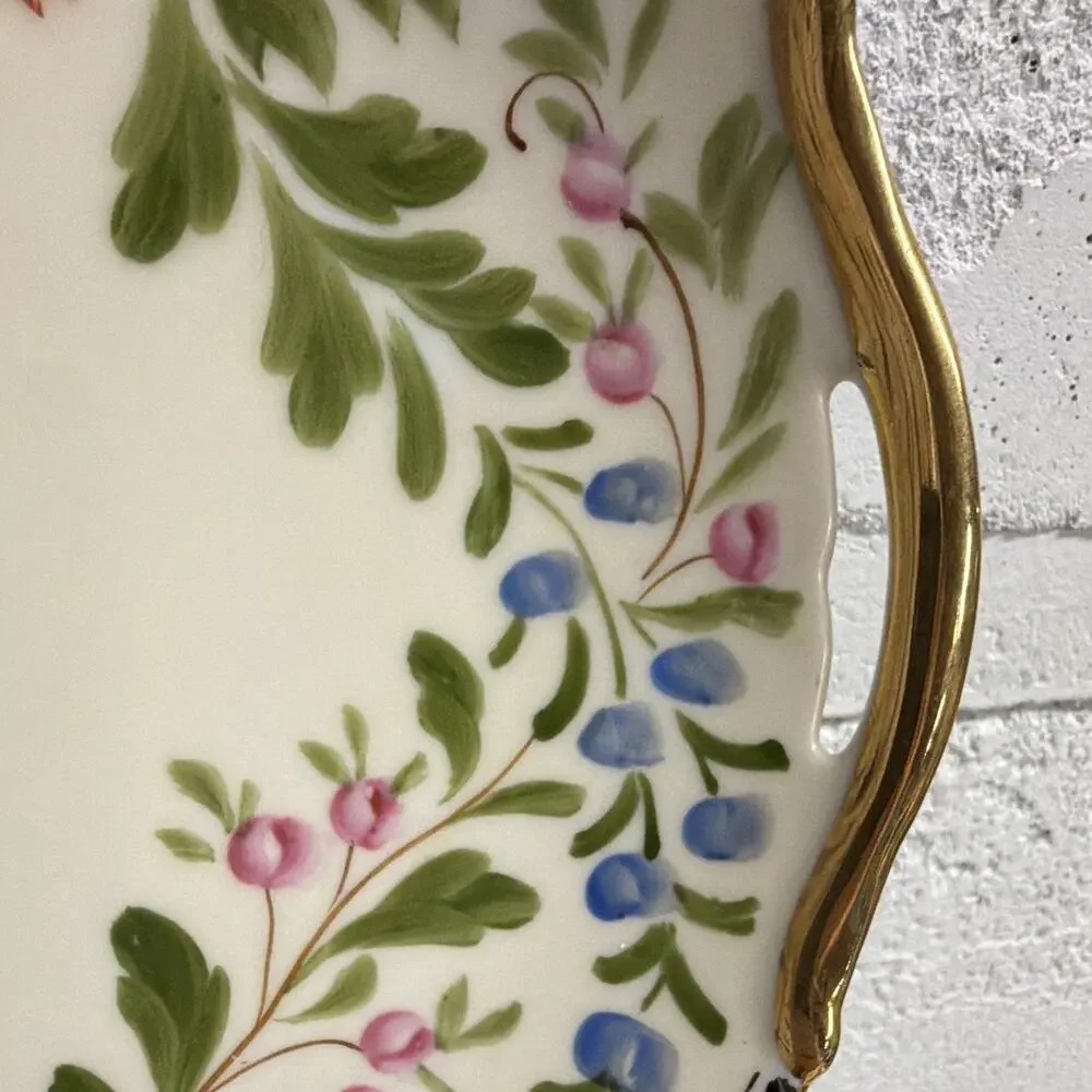 Vintage Moriyama Japan 9.5” Hand Painted Floral Plate Roses Gold Trim Handles